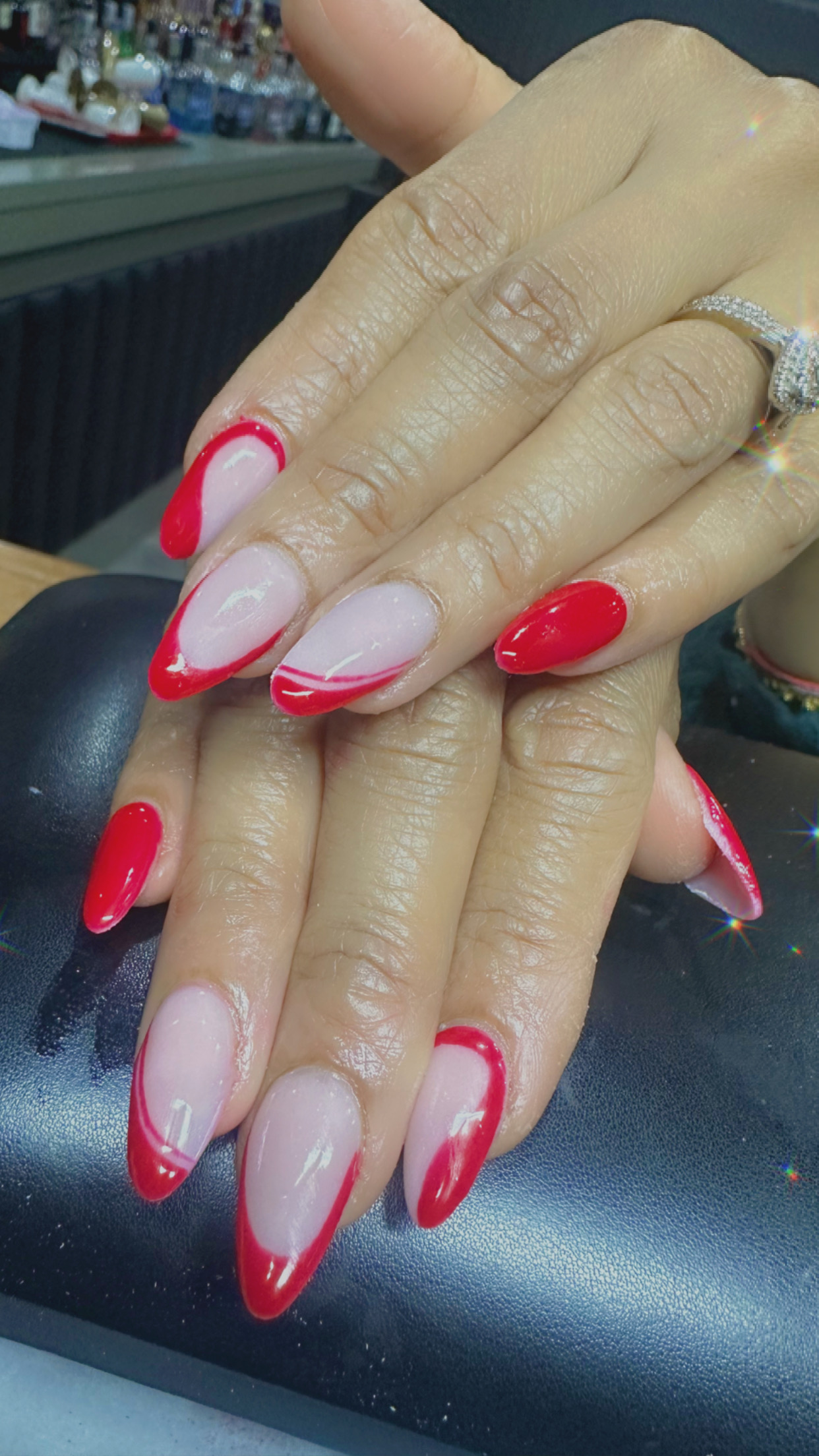 Bright red and pink curved nail art
